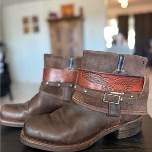 Frye Brown Leather Ankle Boots with Eagle Design